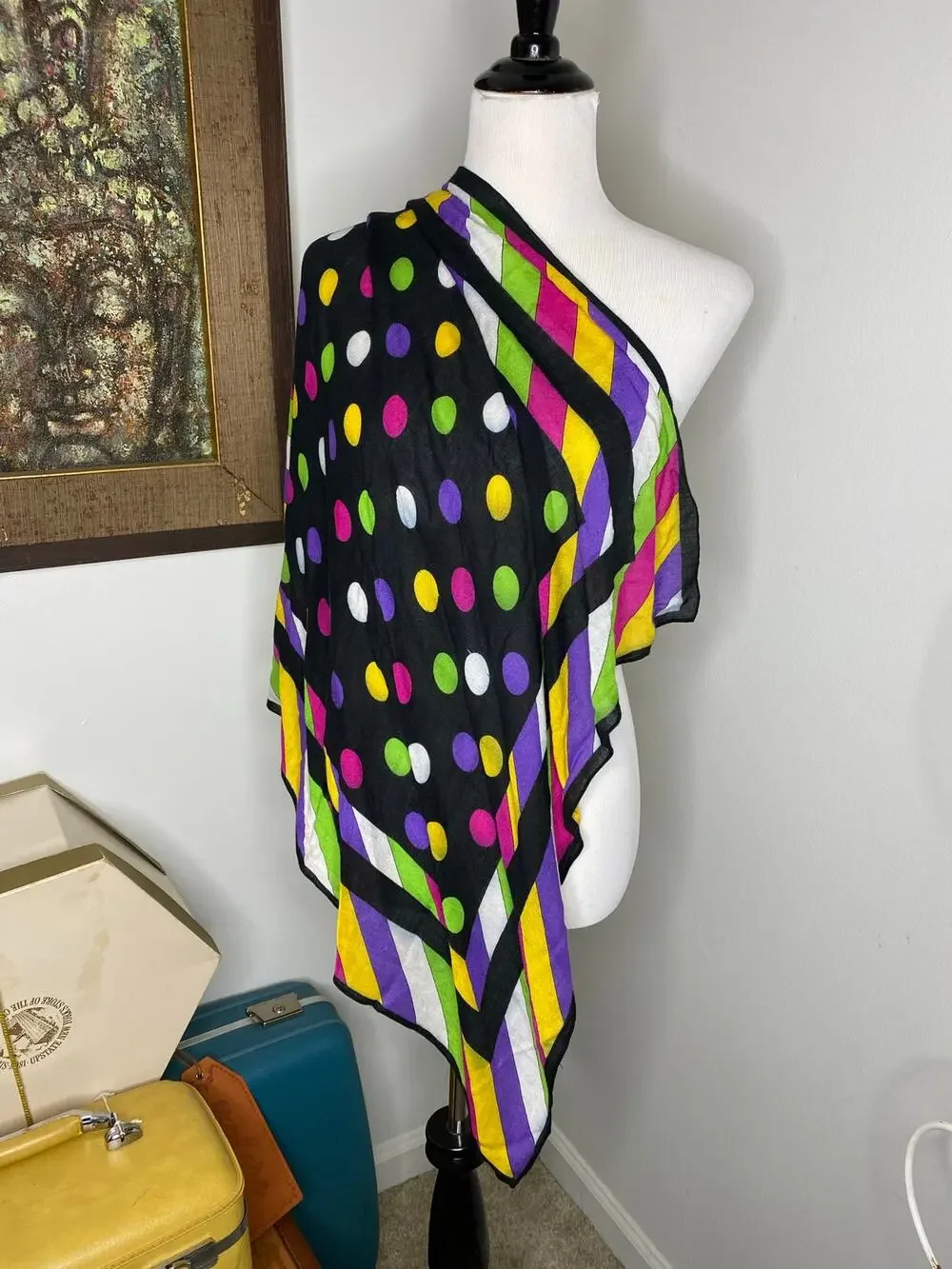 Bold Colorful Polka Dot Geometric Square Scarf Black Pink Purple Green Yellow